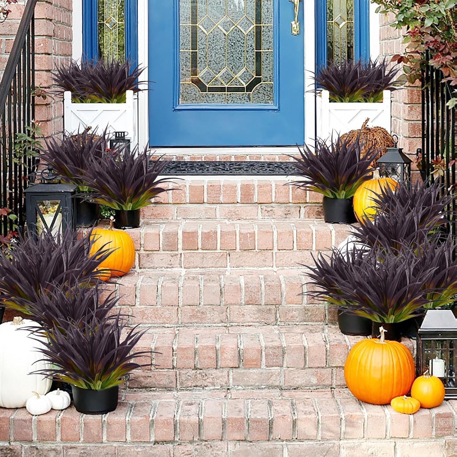 Artificial Fake Grass, 24 PCS Outdoor Faux Plastic Plants Greenery UV Resistant for Outside Home Window Box Garden Office Patio Hanging Planter Front Porch Décor (Dark Purple+Green)