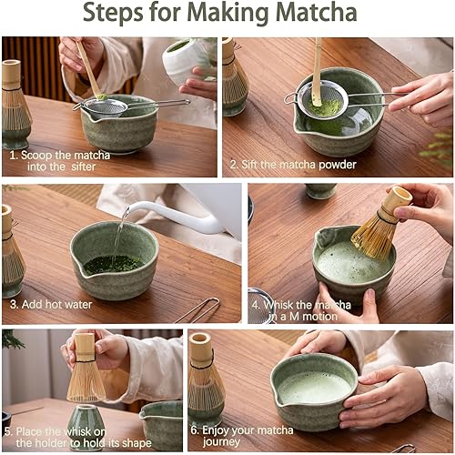 Miniatura 6 de Juego de Matcha Buucup, Juego de Cuenco de Matcha con Boca, Batidor de Matcha y Soporte, Cuchara de Bambú para Matcha y Tamiz de Acero Inoxidable -
