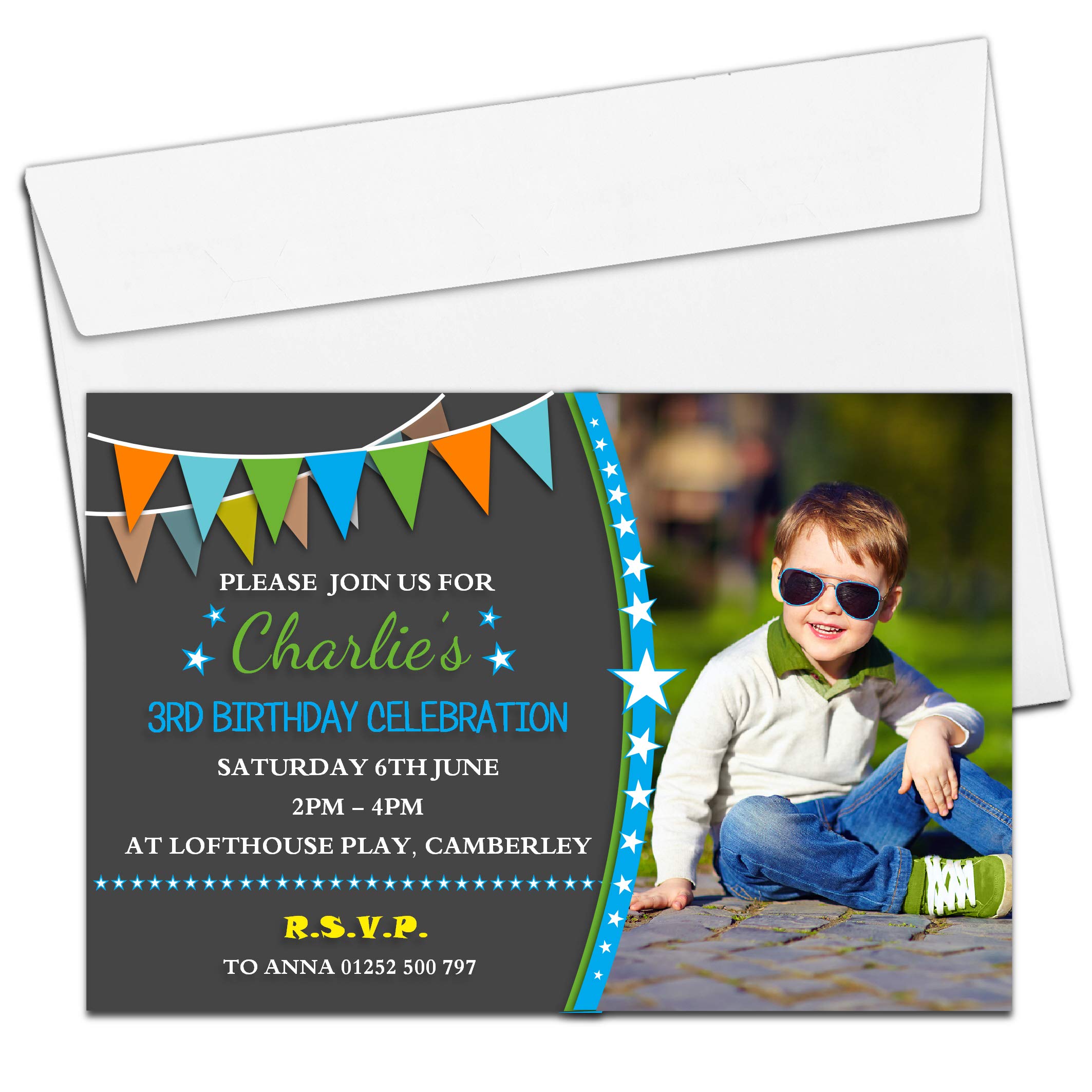 10 Personalised Boys Stars & Bunting Birthday Party Photo Invitations N212-1st 2nd 3rd 5th 6th 8th Any Age