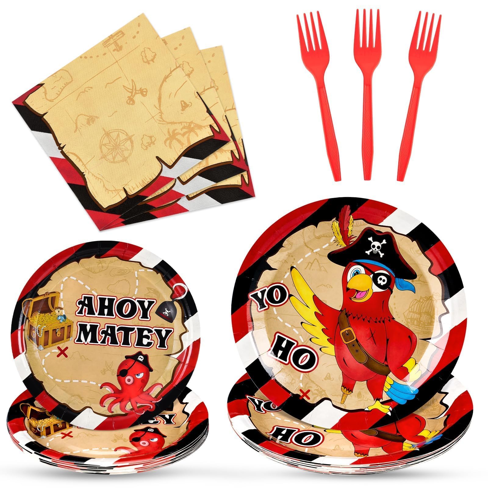 WERNNSAI Pirate Party Supplies - 64PCS Pirate Plates Napkins and Forks Treasure Map Party Decorations Nautical Birthday Plates and Napkins for Kids
