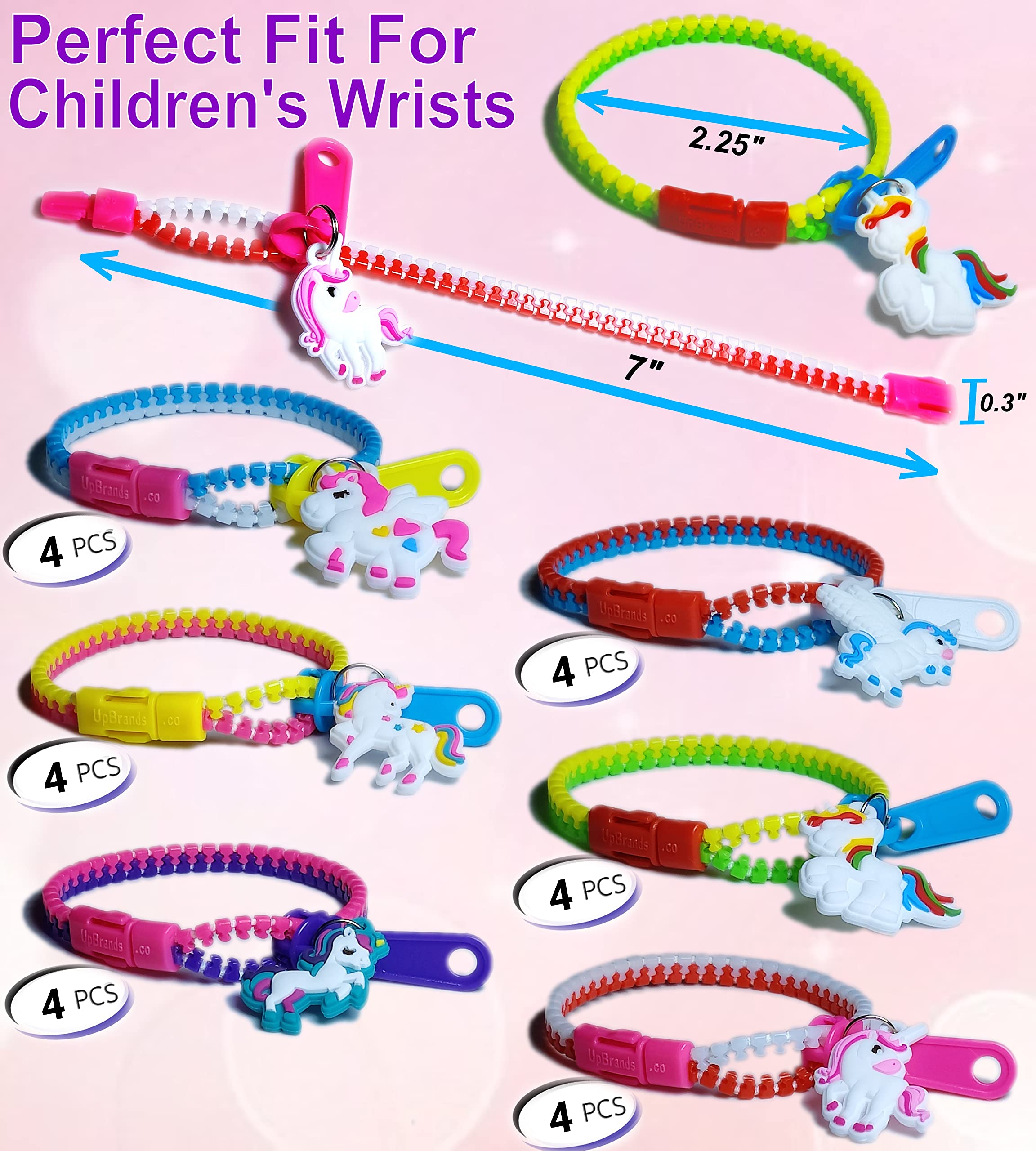 UpBrands Unicorn Zipper Bracelets Bulk Set – Party Kit for Kids, Goodie Bags, Valentine’s Box, Piñata Filler, Fidget Friendship Bracelets
