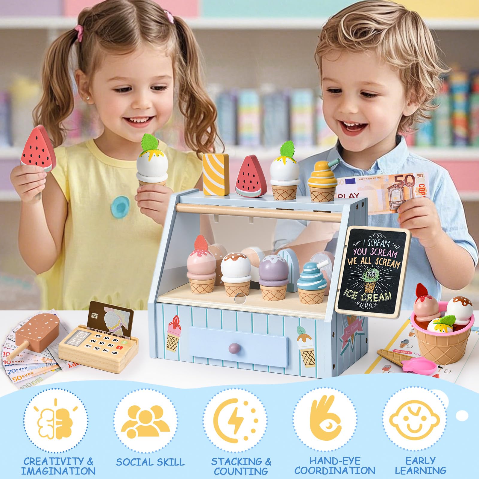 Atoylink Eisdiele Kinder Holz, kaufladen Zubehör mit Kaufmannsladen Zubehör Holz Spielgeld Einkaufsladen, Eisladen Kinder EIS Spielzeug Rollenspiel Geschenk für Mädchen Junge 3 4 5 6 Jahre (Blau)