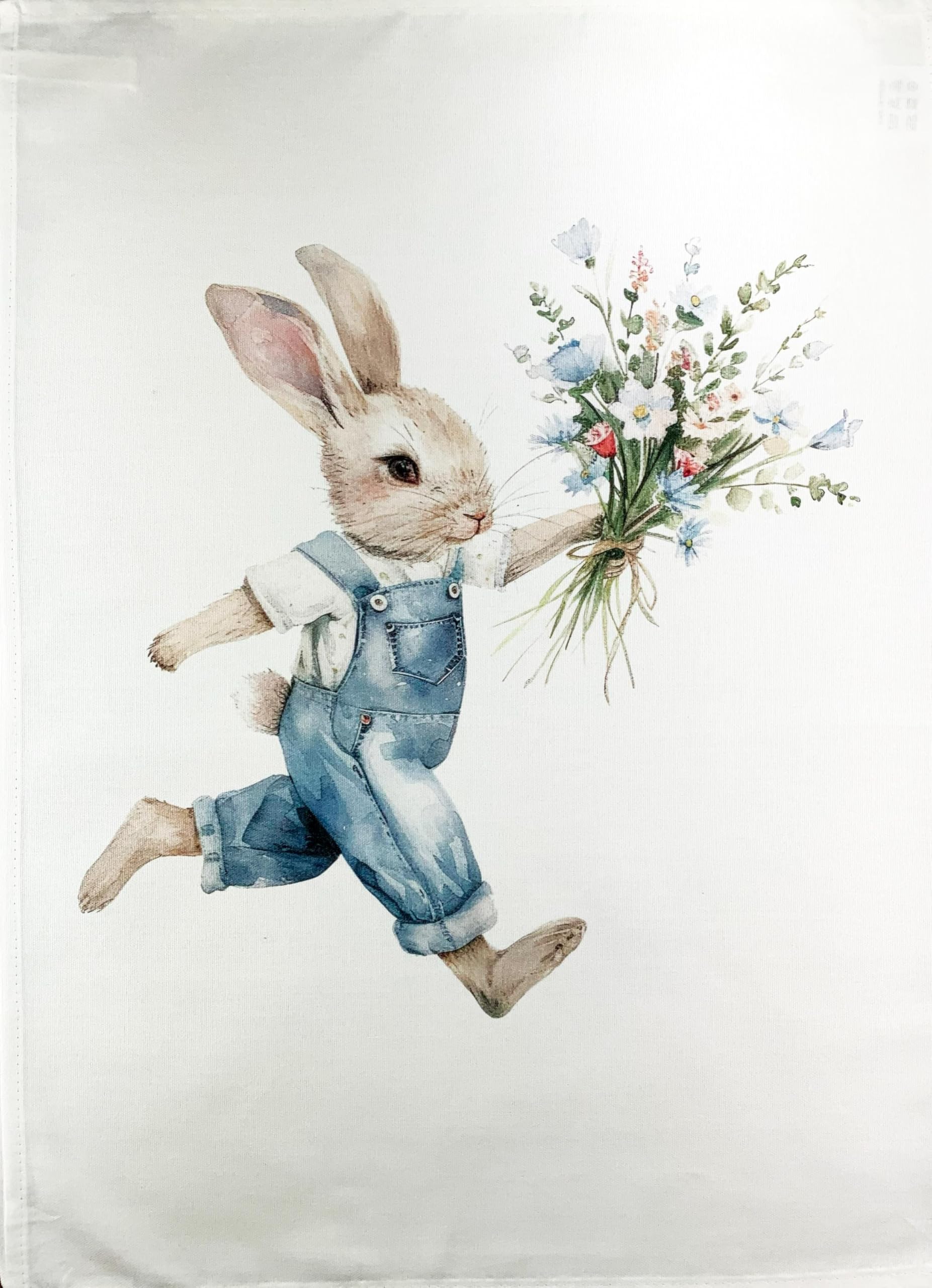 Half A Donkey White Rabbit In Dungarees With Flowers Large Cotton Tea Towel