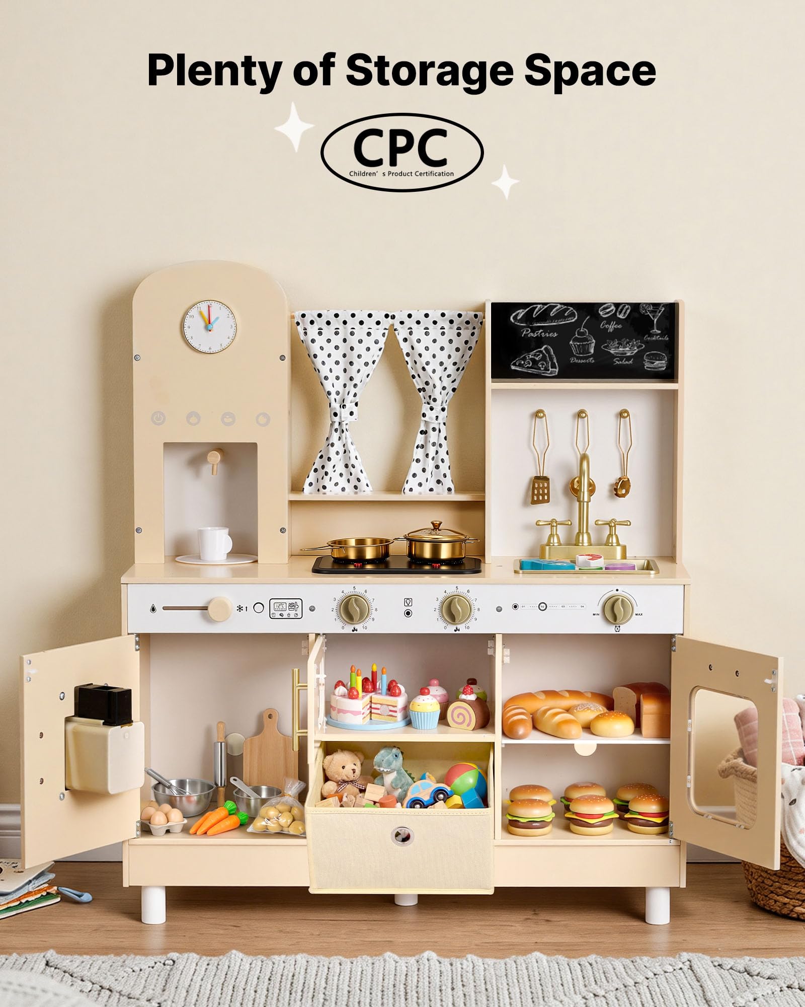 VEVOR Spielküche für Kinder, Moderne Kinderküche mit Licht & Sound, Holzküche mit Herd Backofen Spüle Mikrowelle Eisspender & Getränkespender, Küchenspielzeug mit Kochset für Kinder ab 3 Jahren, Beige
