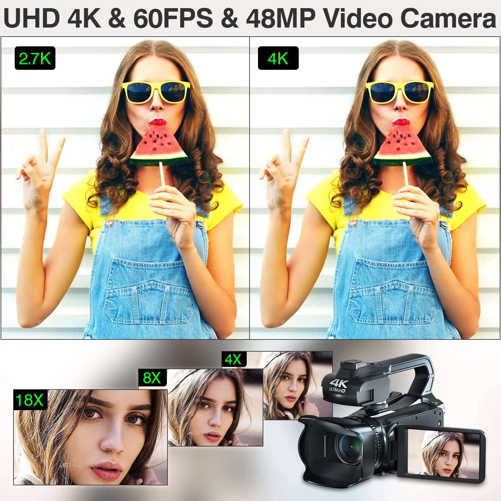 4K Camcorder Video Camera 64MP Vlogging Camera for YouTube 18X Digital Zoom 4.0 Inch Touch Screen Video Camcorder with WiFi, 4500mAh Battery, Microphone, Stabilizer, Remote Control, 64GB SD Card