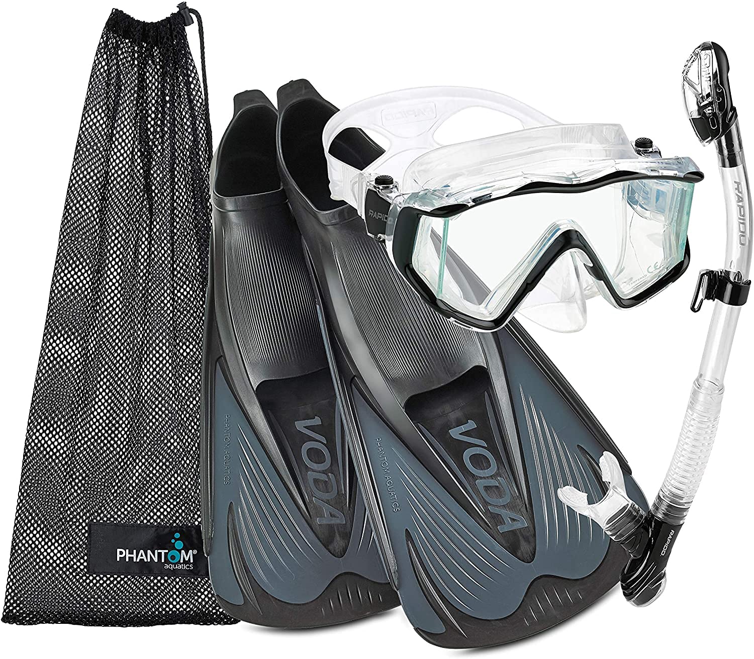 Phantom AquaticsRapido Boutique Collection Italian Made Full Foot Fins Bundled with Panoramic View Tempered Glass Lens Mask Fin Snorkel Set with Snorkeling Gear Travel Bag