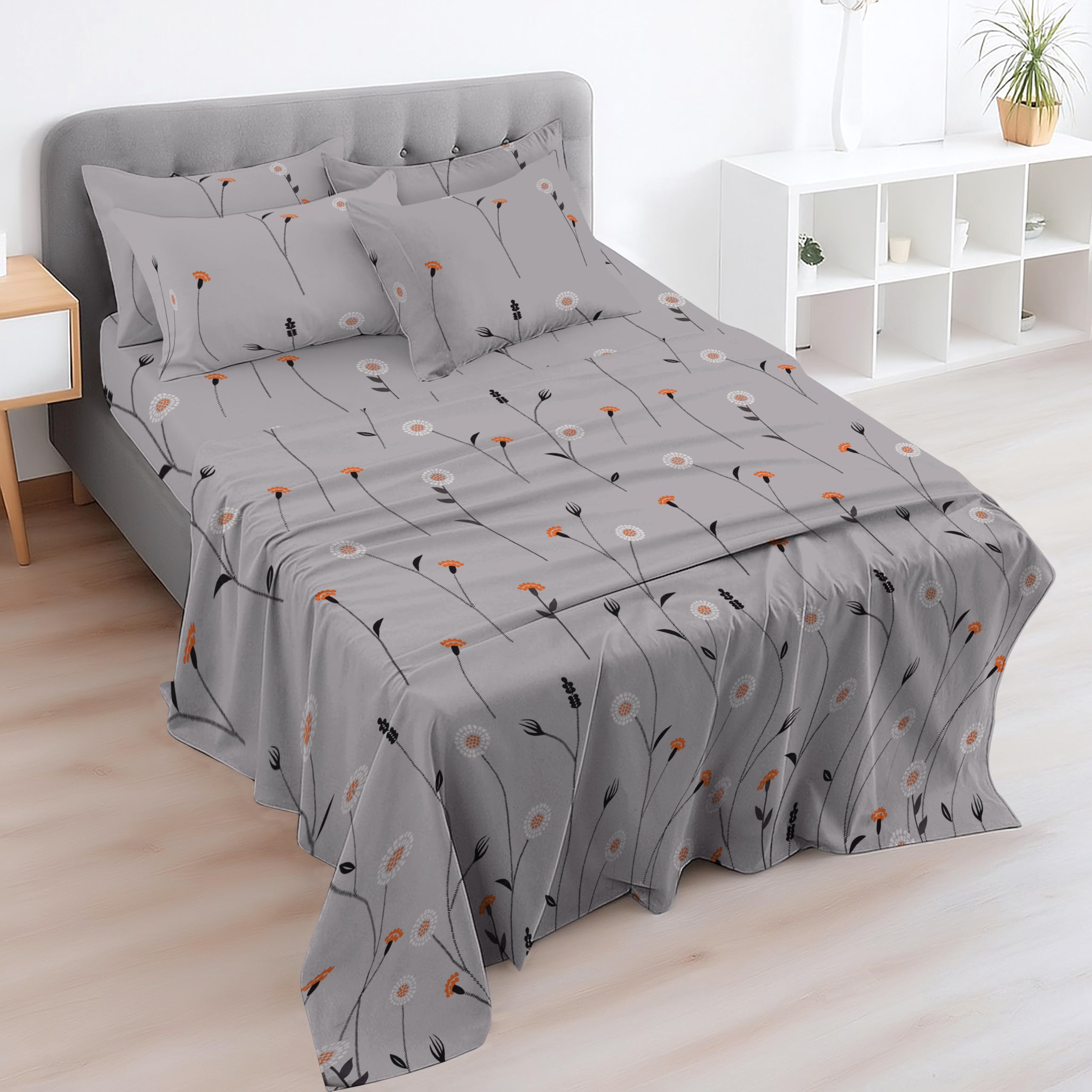 Eversoft Bedding Poppy Grey 4Pc Double Bed Sheet Set Egyptian Cotton 400Tc, Flat Sheet, 30Cm Deep Fitted Sheet & 2 Pillowcases Soft Cooling Floral Print