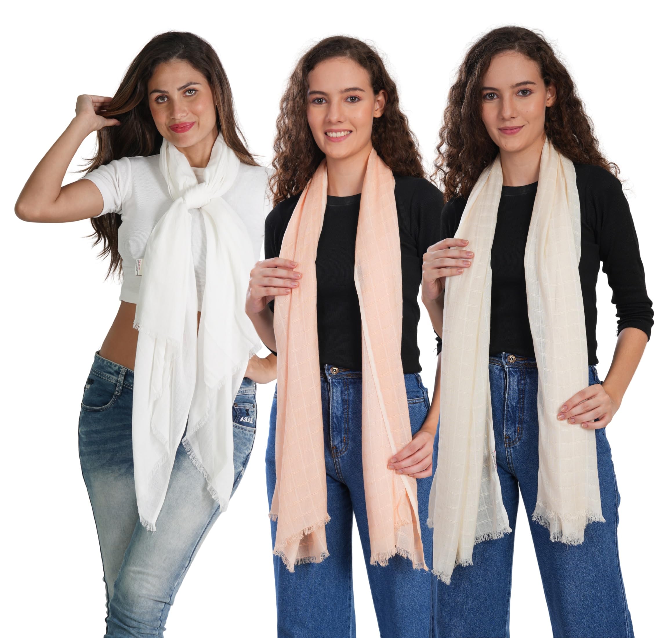 Women and Girls Scarfs Stoles Combo Set-Size 65x185cms-Soft Comfortable Cozy Viscose Cotton Scarfs Stoles Summer and Winter-Suitable size Hijab-Easy to dry Stylish White Peach Beige Colour-image-5