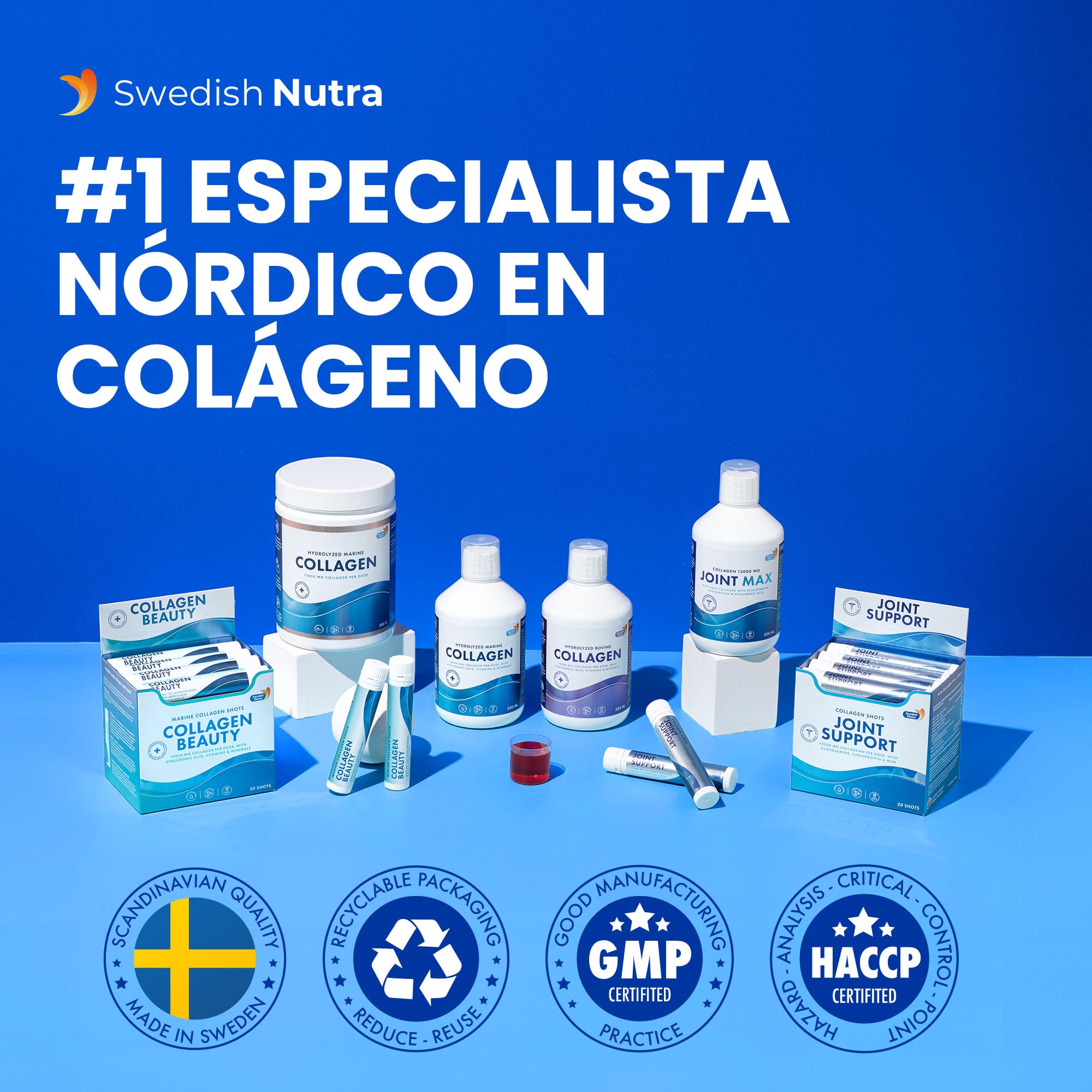 Swedish Nutra - Collagen Beauty | Suplemento líquido de colágeno marino hidrolizado de 10 000 mg - 40 dosis diarias de 25 ml | Ácido hialurónico y vitamina C para cabello, piel, uñas y