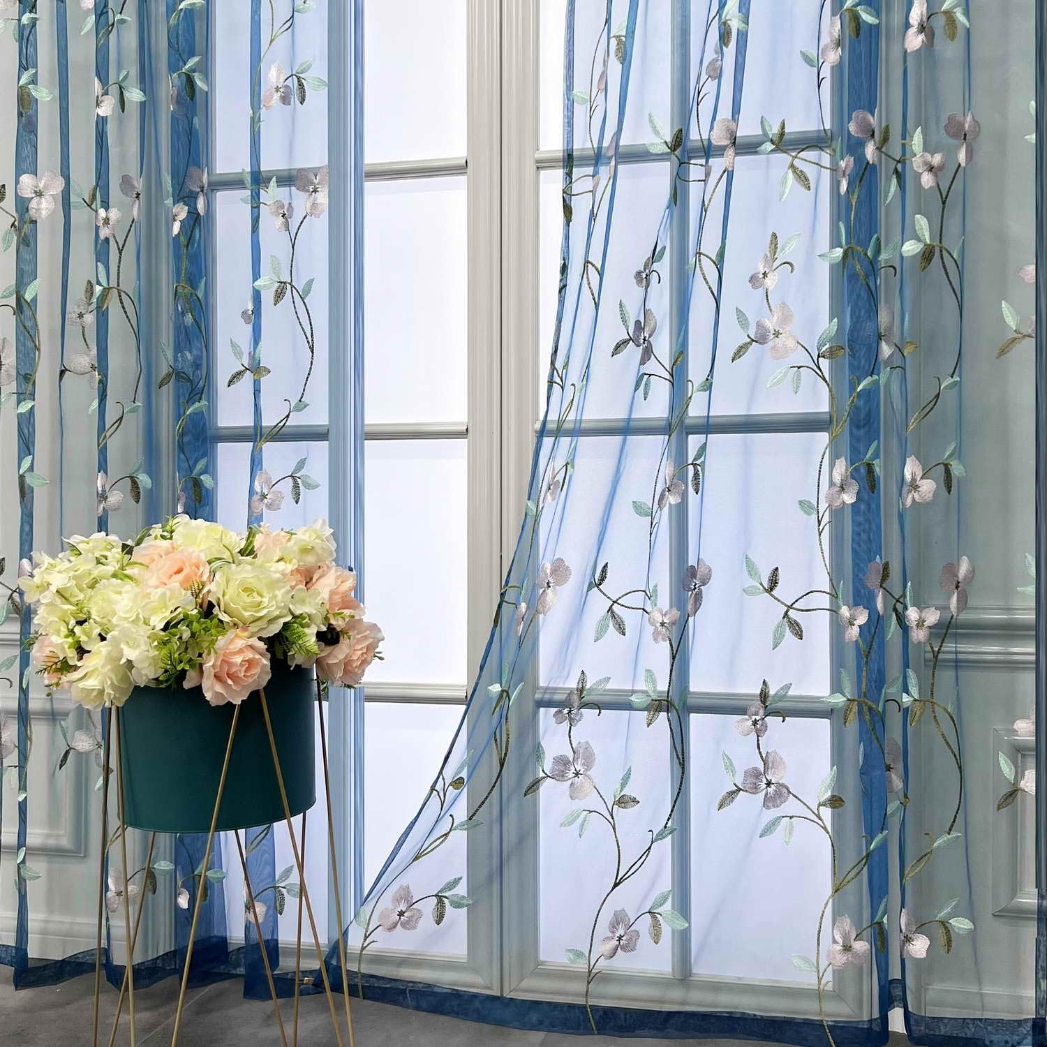 pureaqu Embroidered Semi Sheer Curtain Panels for Girls Room Romantic Floral Embroidery Design Breathable Fabric Rod Pocket Window Voile Drapes for