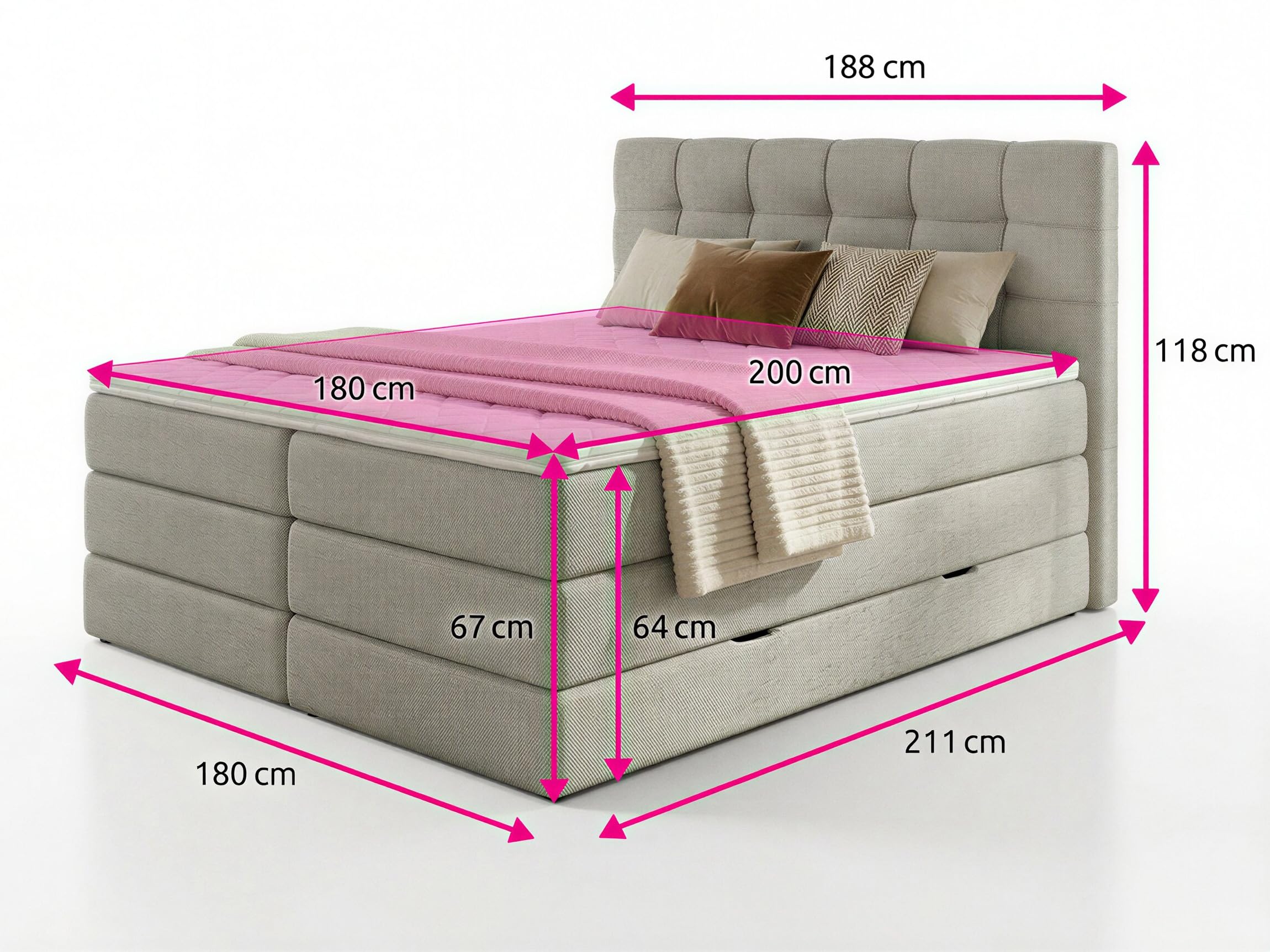 Sofnet Boxspringbett Best XL mit 2 Bettkästen und Topper, mit Taschenfederkern- und Bonellfederkernmatratze, Doppelbett, Polsterbett aus Webstoff mit Stauraum (Graphit (Inari 94), 180 x 200 cm)