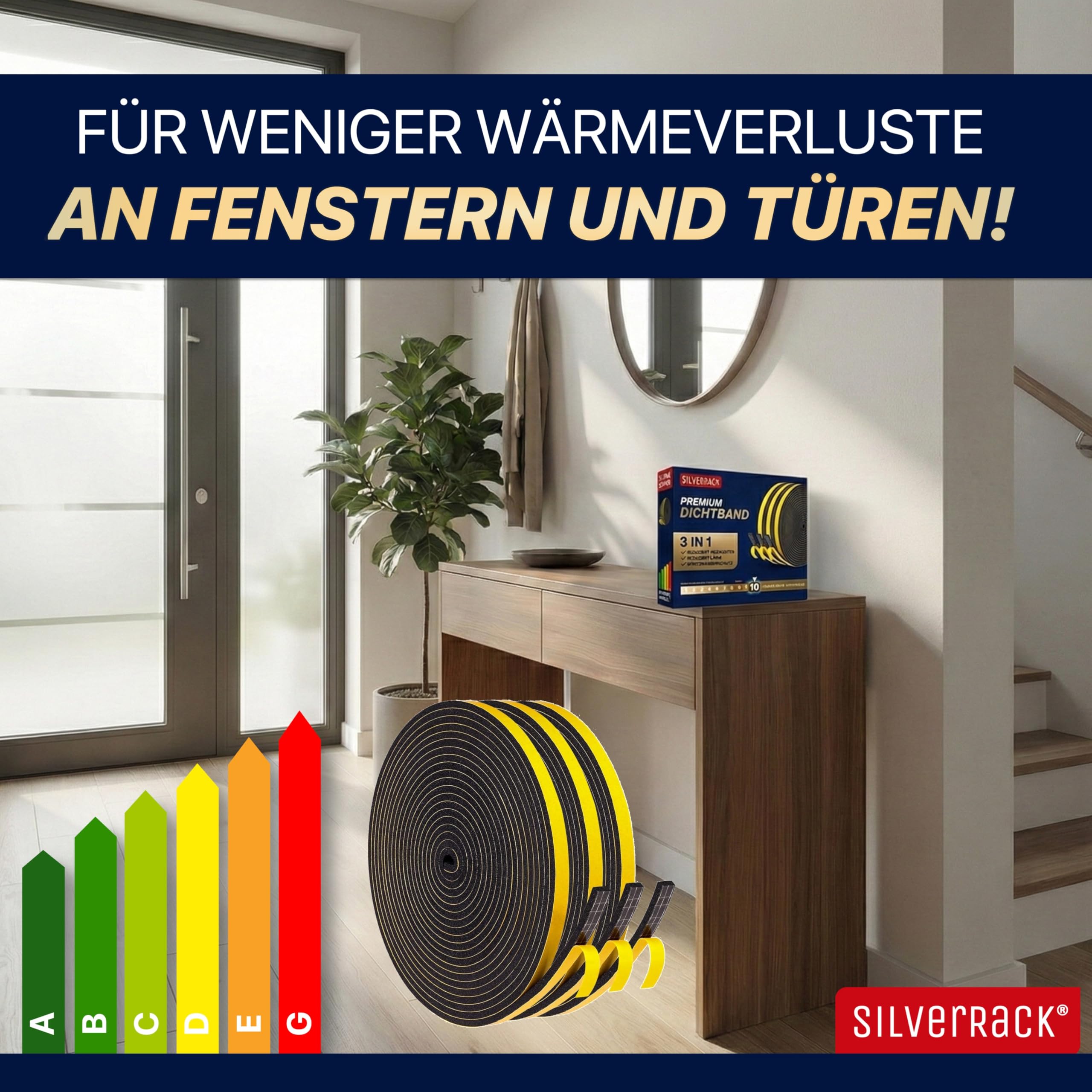 SilverRack Guarnizione autoadesiva per porta, 15 m, colore nero, 6 mmx1.5 mm, 3 rotoli da 5 m, paraspifferi per risparmiare sui costi di riscaldamento