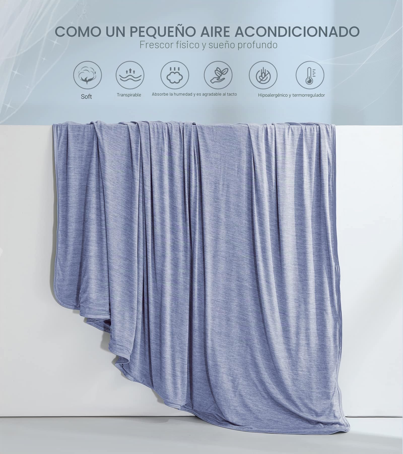 Marchpower Manta Verano de Frescura, ARC-Chill 3.0 Manta Cama con Fibra de Enfriamiento Japonesa Q-MAX 0.5,Transpirable Suave,Anti Estático,2 Caras,Alivia Sudor y Mejora Calidad Sueño-Azul, 200×220cm