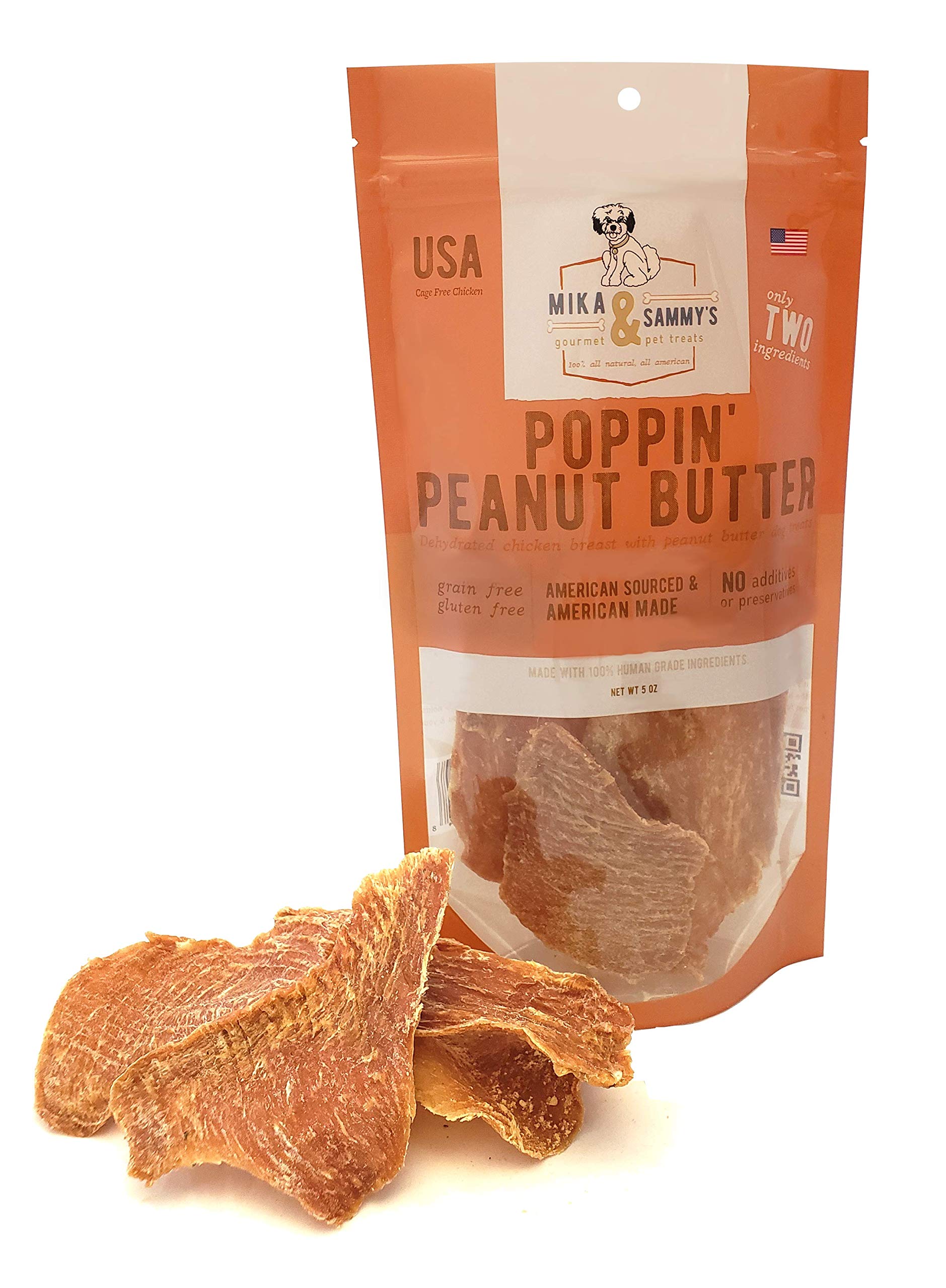 Mika & Sammy's Gourmet Chicken Jerky Dog Treats Made in USA - Poppin' Peanut Butter - 5oz Bag