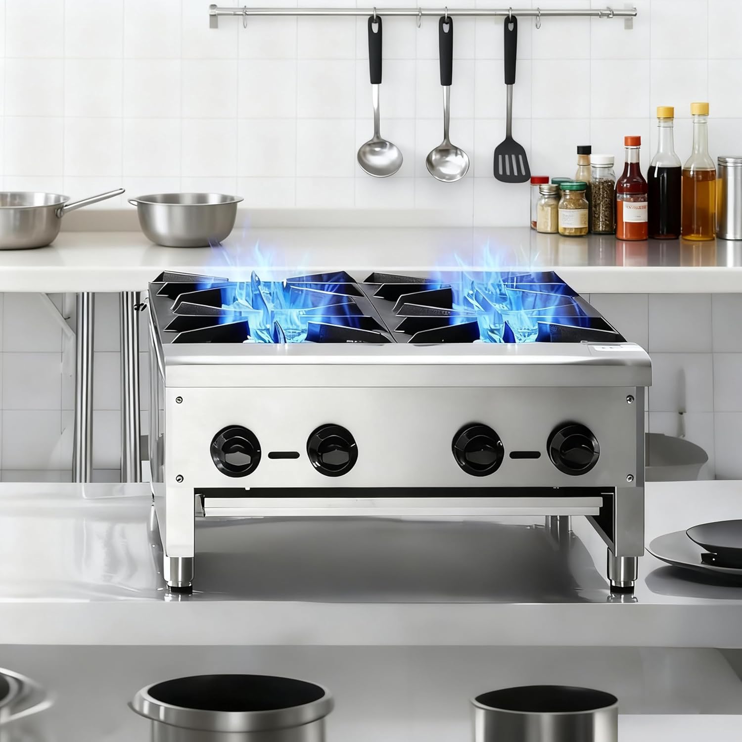 Commercial Gas Stove with 4 Burners Propane & Natural Gas Countertop Cooking Stove Range Stainless Steel Hot Plate Stainless Steel Commercial Cooking Equipment For Restaurant Kitchen 112,000 BTU