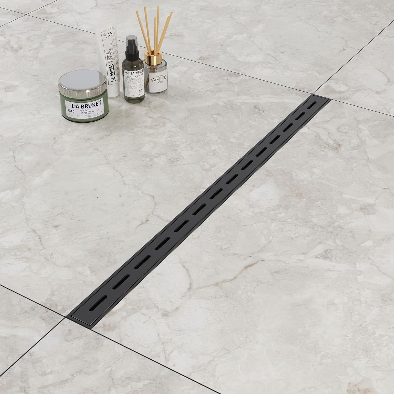 24 Inch Linear Shower Drain, 304 Stainless Steel Invisible Rectangle Extremely Narrow Shower Floor Drain, Latest Fashion Non-Slip Adjustable Hair Filter(Black)