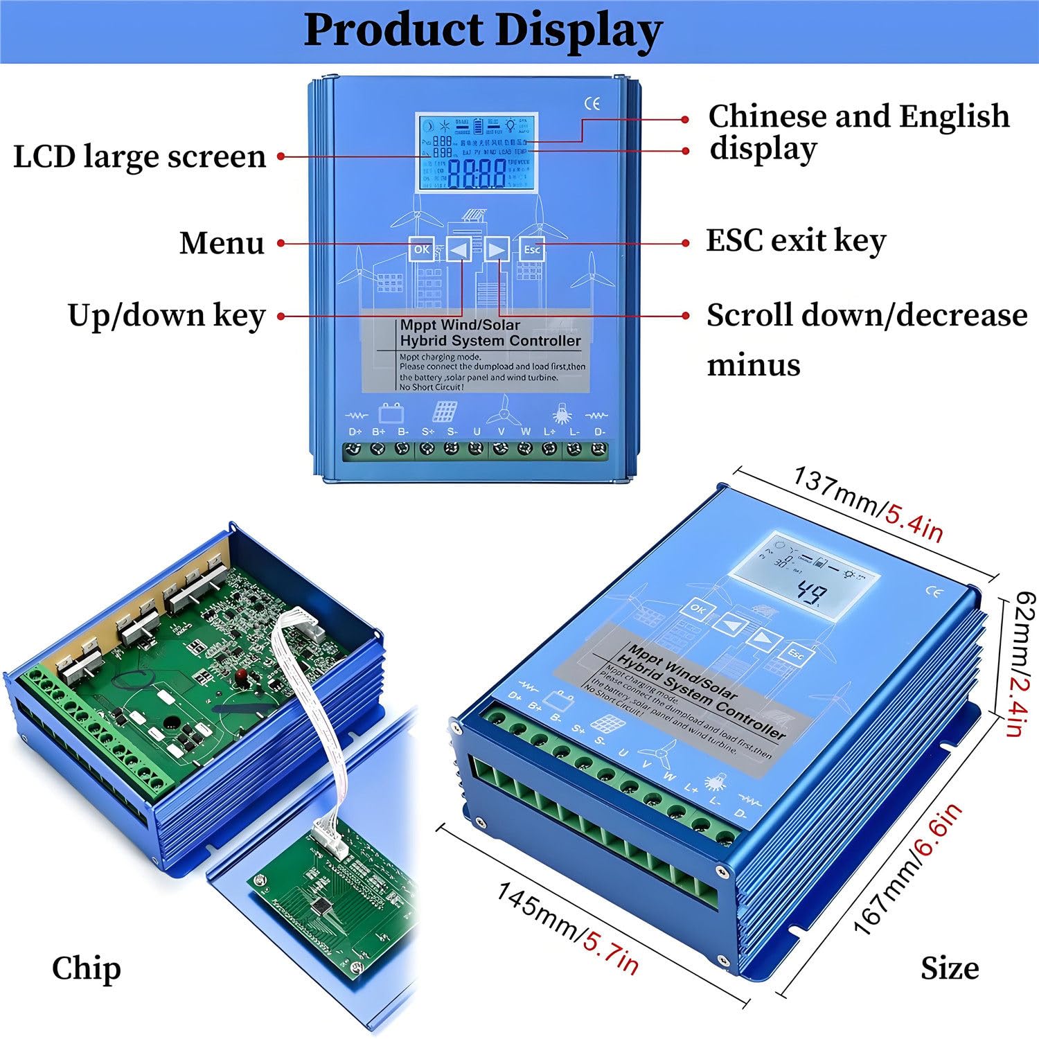 Kontroler ładowania wiatrowego i słonecznego 16000 W, hybrydowy kontroler ładowania wiatrowo-słonecznego z wyświetlaczem LCD i obciążeniem rozładowczym 48V