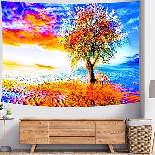 Miniatura 3 de Delur Tapiz para colgar en la pared, diseño de árbol, puesta de sol, playa, bosque, paisaje natural, tapiz de árbol de la vida, tapiz psicodélico