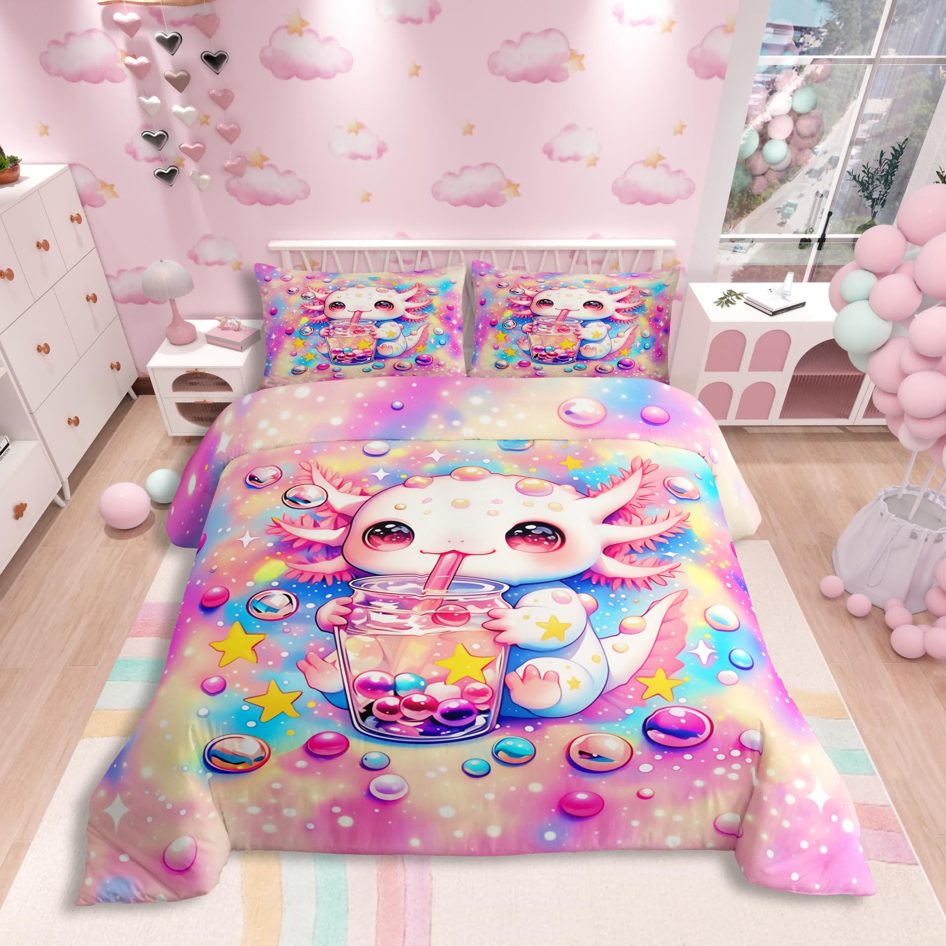 Homewish Süße Axolotl Bettwäsche Teenager Mädchen 155x220 Regenbogen Ombre Kawaii Ozeantier Axolotl Bettbezug für Kinder Frauen Salamander Enthusiasten,Sternenhimmel Bettset Raumdekor Bettwäscheset