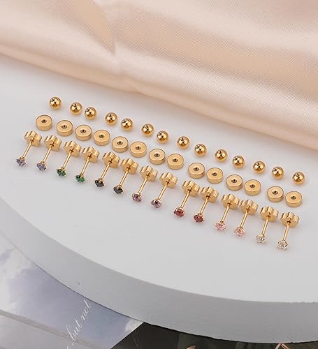 Miniatura 6 de 3mm Handmade G23 Titanium Flat Back Earrings 14k Gold Plated Small 5A+CZ Cartilage Earrings Studs Hypoallergenic Screw Back Nap Earrings Women Helix