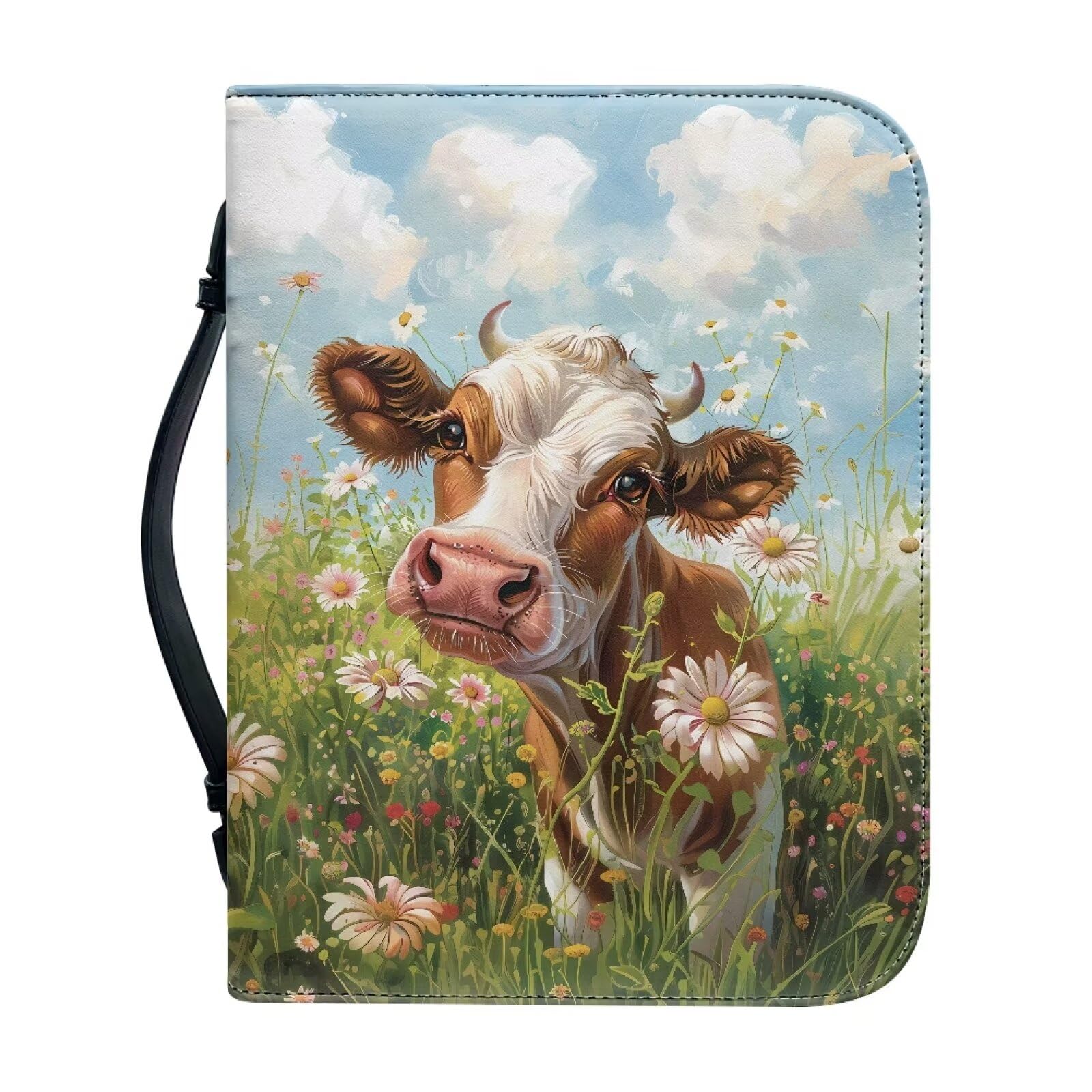 Talayituse Cow Daisy Print Faux Leather Bible Cover for Men Boys Women Girls Christian Bible Case with Handle Carrying Book Case Protector Bible Tote Handbag Gifts, L — image 1