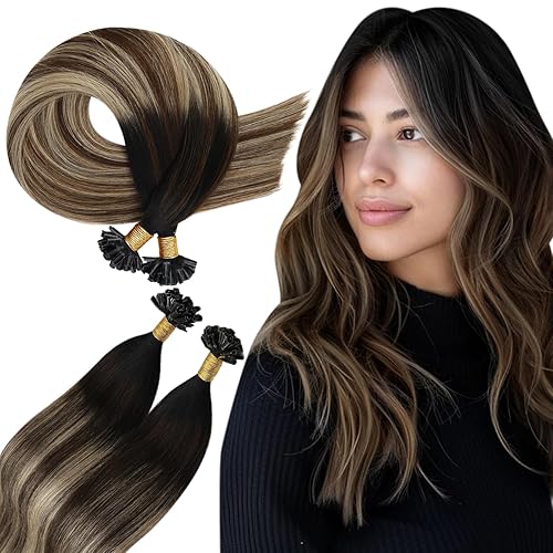 Ugeat Extensiones de cabello humano de 22 pulgadas, balayage, color marrón con punta en U, color negro natural a marrón oscuro, mezcla de rubio