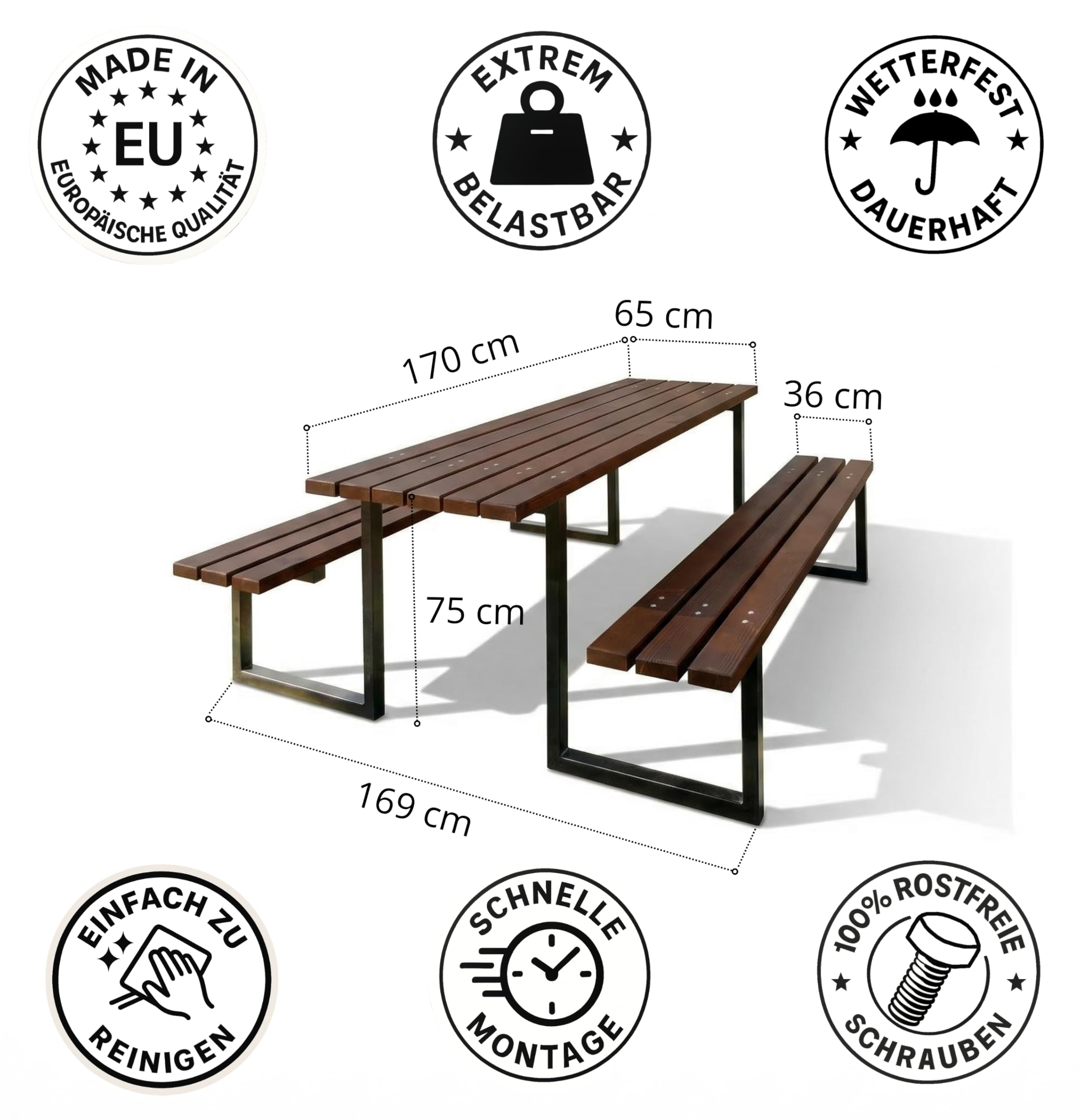 REKORD Tavolo da Picnic Massiccio Atlas Set Tavolo e Panche in Legno e Acciaio 170x169x75cm Tavolo da Giardino Stabile 6-8 Persone Resistente alle Intemperie Robusto - Palissandro