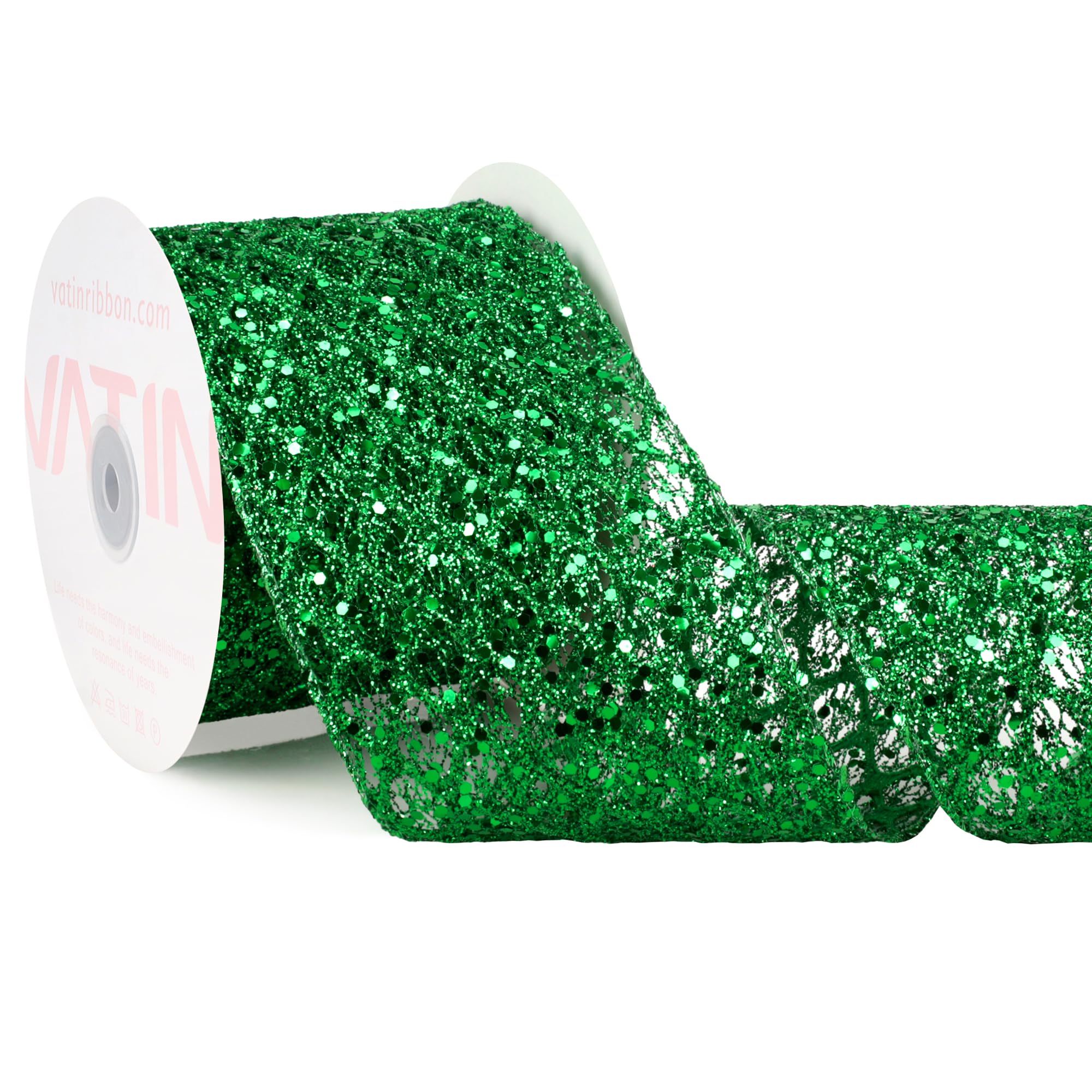 VATIN 4" Green Christmas Ribbon, Green Glitter Mesh Diamond Web Sequin Dots Wired Christmas Ribbon for Gift Wrapping Bow Making Wreath Supply-10 Yards