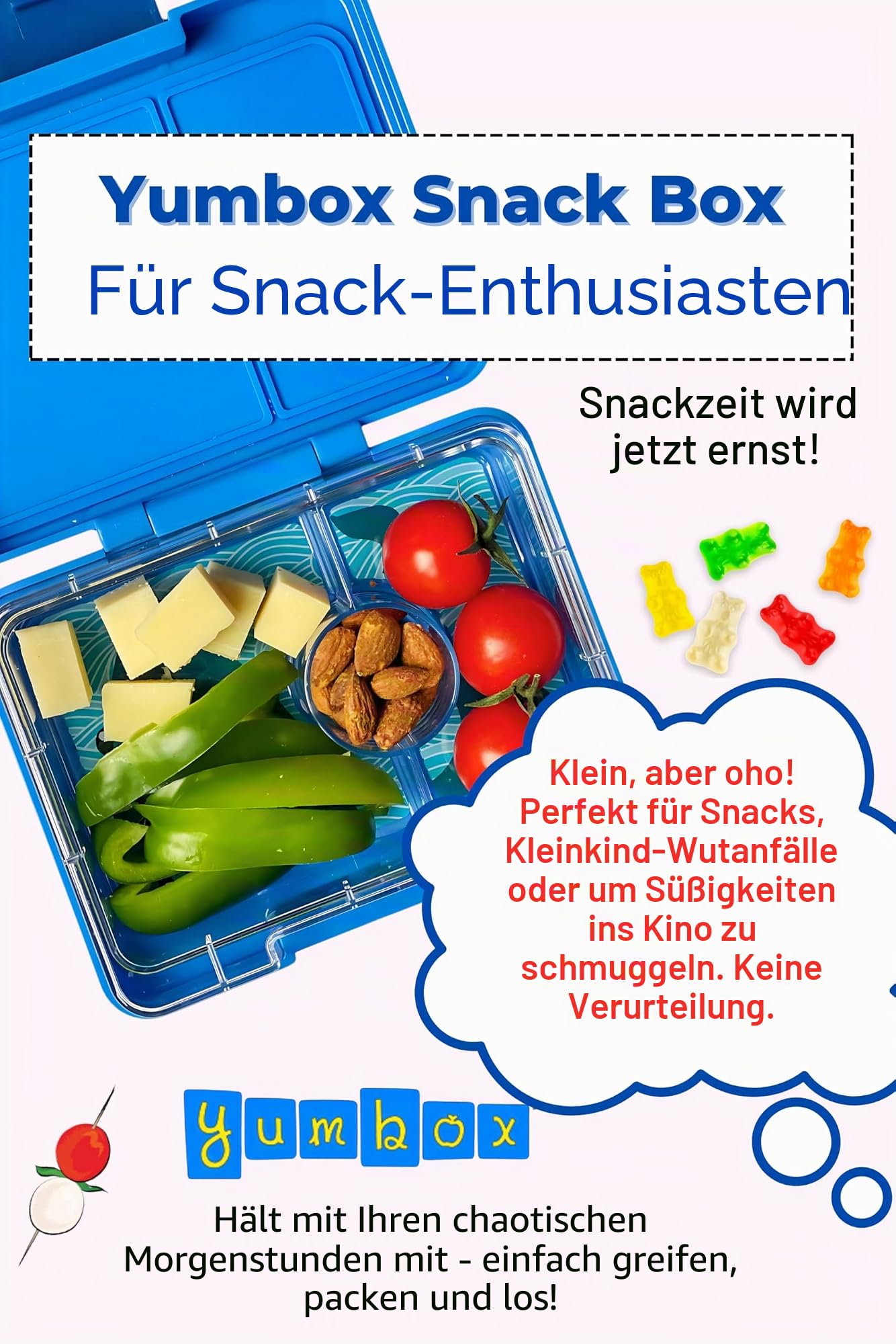 Yumbox Snackbox – Auslaufsicher, BPA-frei, 3-Fächer-Snackbehälter für Kinder und Erwachsene – Tragbar, leicht und einfach zu reinigen – Ideal für Obst, Gemüse, Cracker und Dips (Glitzerblau)