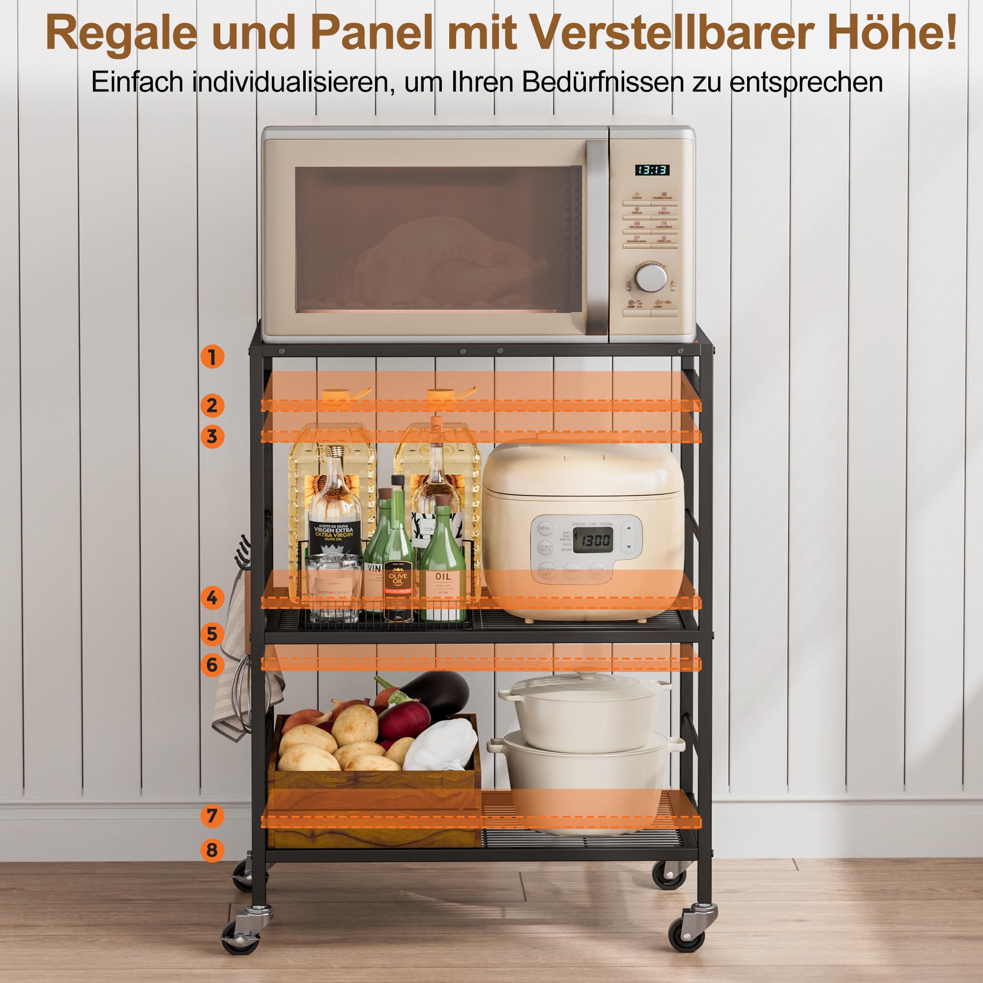Küchenwagen, Mehrzweck Rollwagen Kuchenrollwagen mitjustierbaren Ablagen,Metallgestell & Industrial-Rollen,(schwarzes Gestell + braunes Panel, 3 Ebenen (40 x 60 x 84.7 cm))