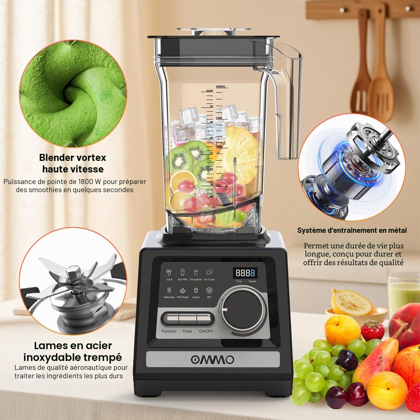 OMMO 2L Mixeur Blender Professionnel, 1800W Smoothie Mixer avec 9 Contrôles de Vitesse Pour la Glace Pilée, Shakes, Boissons Congelées et Fruits, Sans BPA