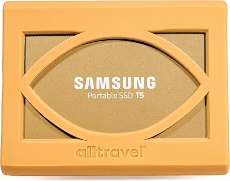 Alltravel External Solid State Drive Bumper Sleeve for Samsung T5 Portable 250GB 500GB 1TB 2TB SSD USB 3.0 External Solid State Drives, Super Strong Bumper Anti Shock, Shake and Drop Gold