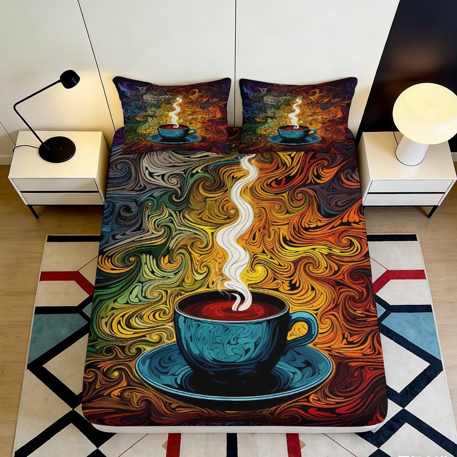 3D Printed Coffee Cup Fitted Sheet Microfiber Soft Breathable Swirl Pattern Mattress Cover for Bedroom Dormitory Guest Room Protection Decor 180x200x25cm