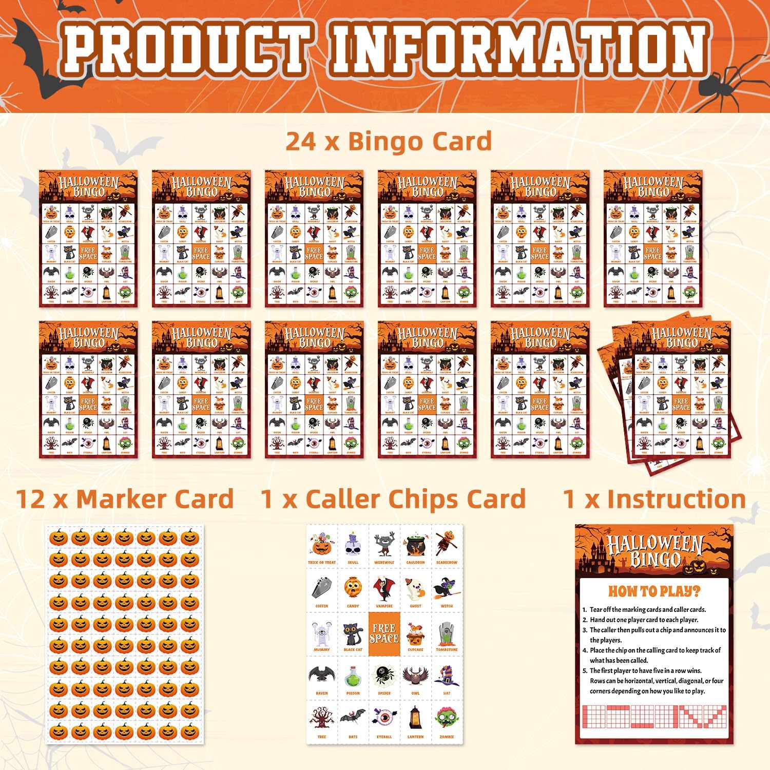 Halloween Bingo Game Cards for 24 Players - 5" x 7", Orange image 4