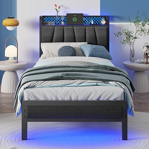 Furnulem Base de cama tamaño individual con luz LED y estación de carga, cabecera de almacenamiento tapizada gris con estante, cama de plataforma de