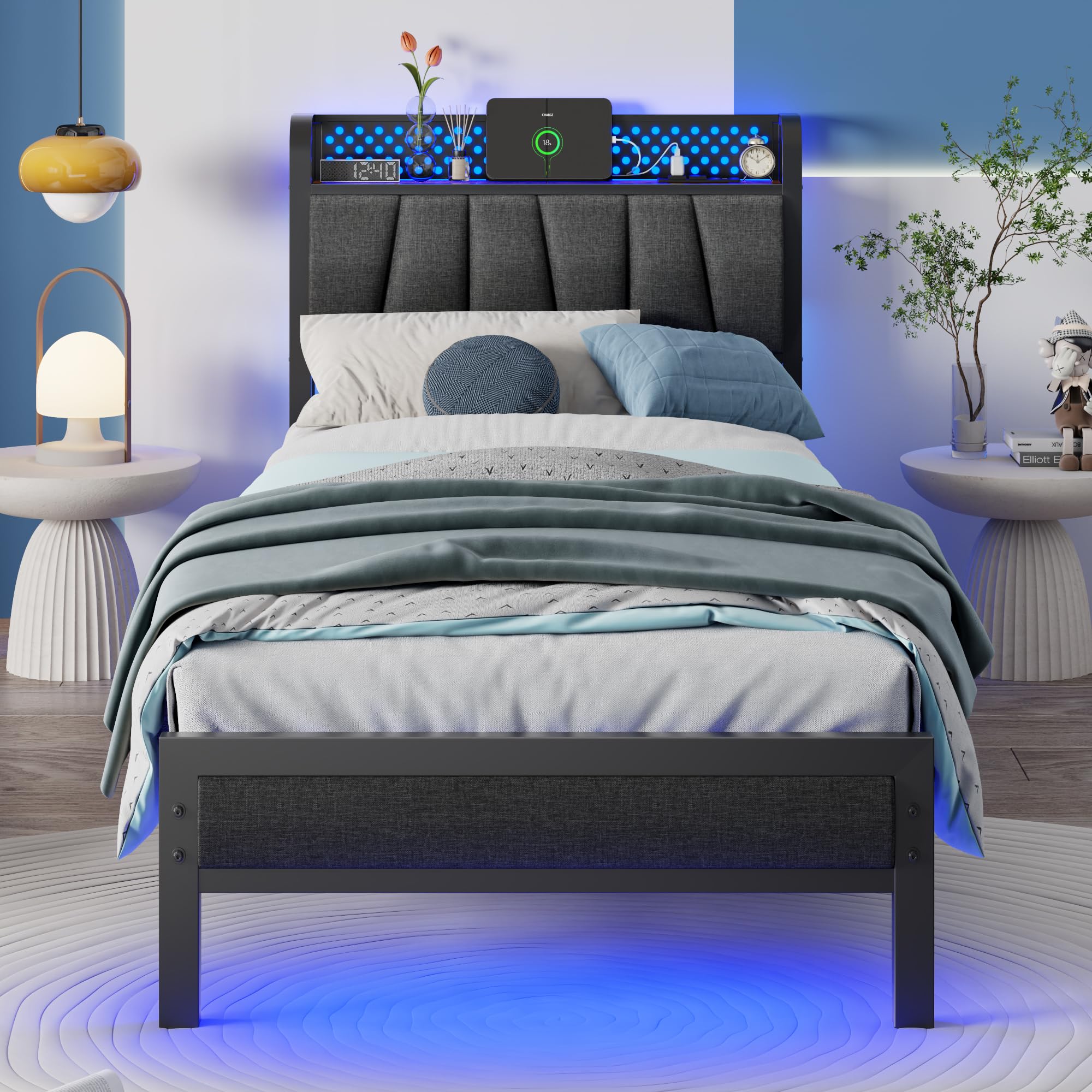 Furnulem Twin Bed Frame with Storage, LED Light and Charging Station, Grey Upholstered Storage Headboard with Shelf, Metal Platform Bed with Heavy
