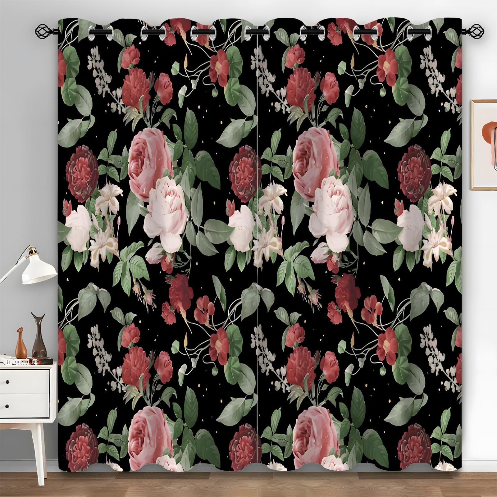 Rideaux chambre et salon occultants à motif floral noir 200x245 cm pour votre bien-être