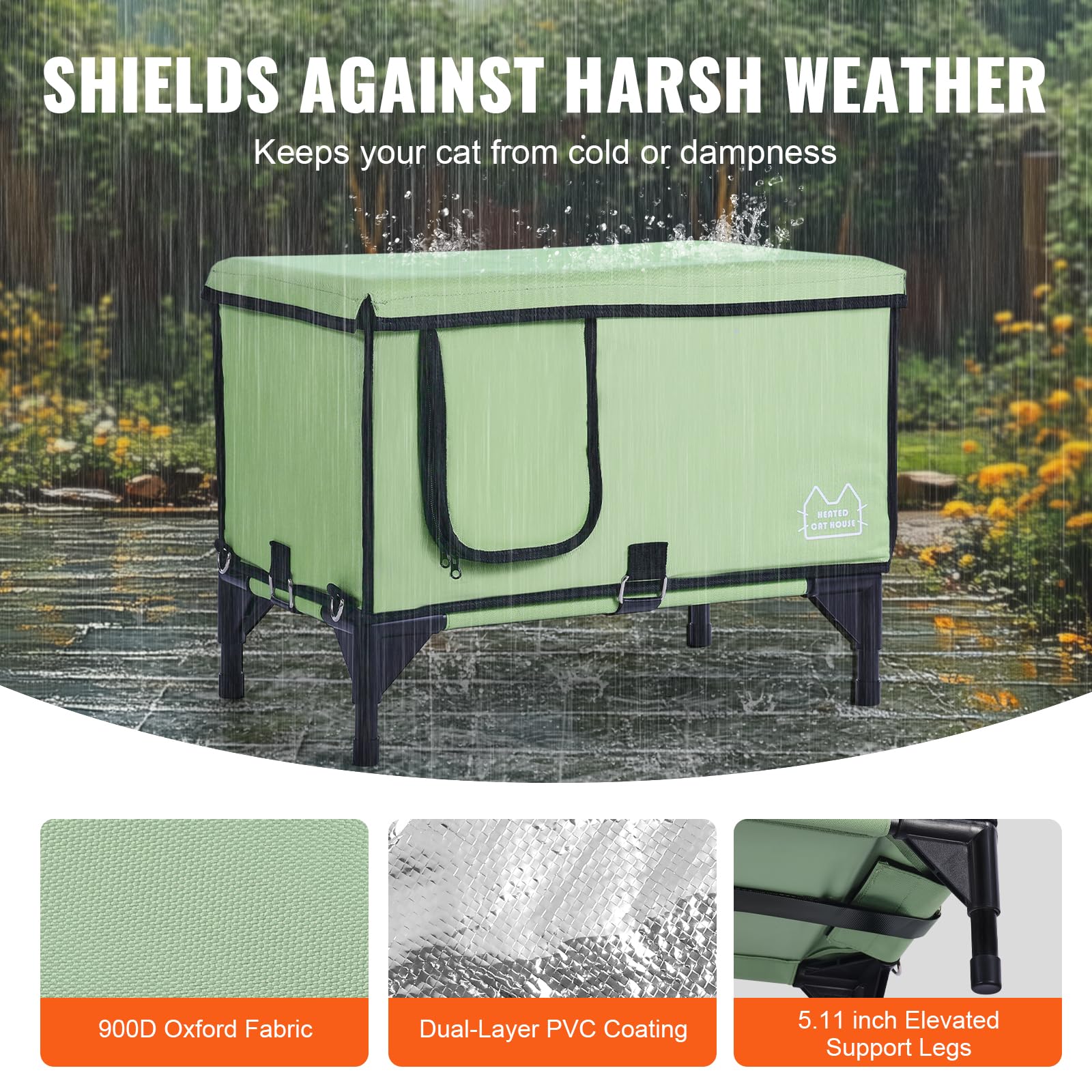 VEVOR Casa Elevada con Calefacción para Gatos 53 x 33 x 42 cm Refugio Plegable de Tela Oxford 900D para Gatos en Forma de Cubo con Temperatura Ajustable y Temporizador, Almohadilla Térmica, Verde (M)