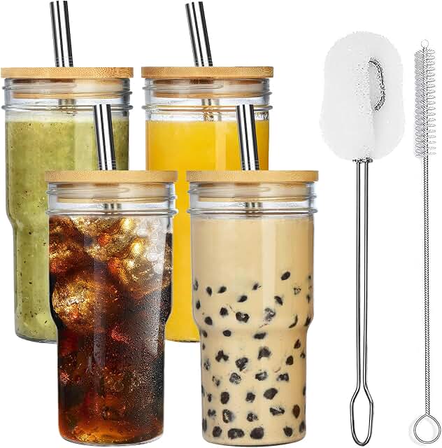 ALINK 4-Pack Glass Cups With Bamboo Lids