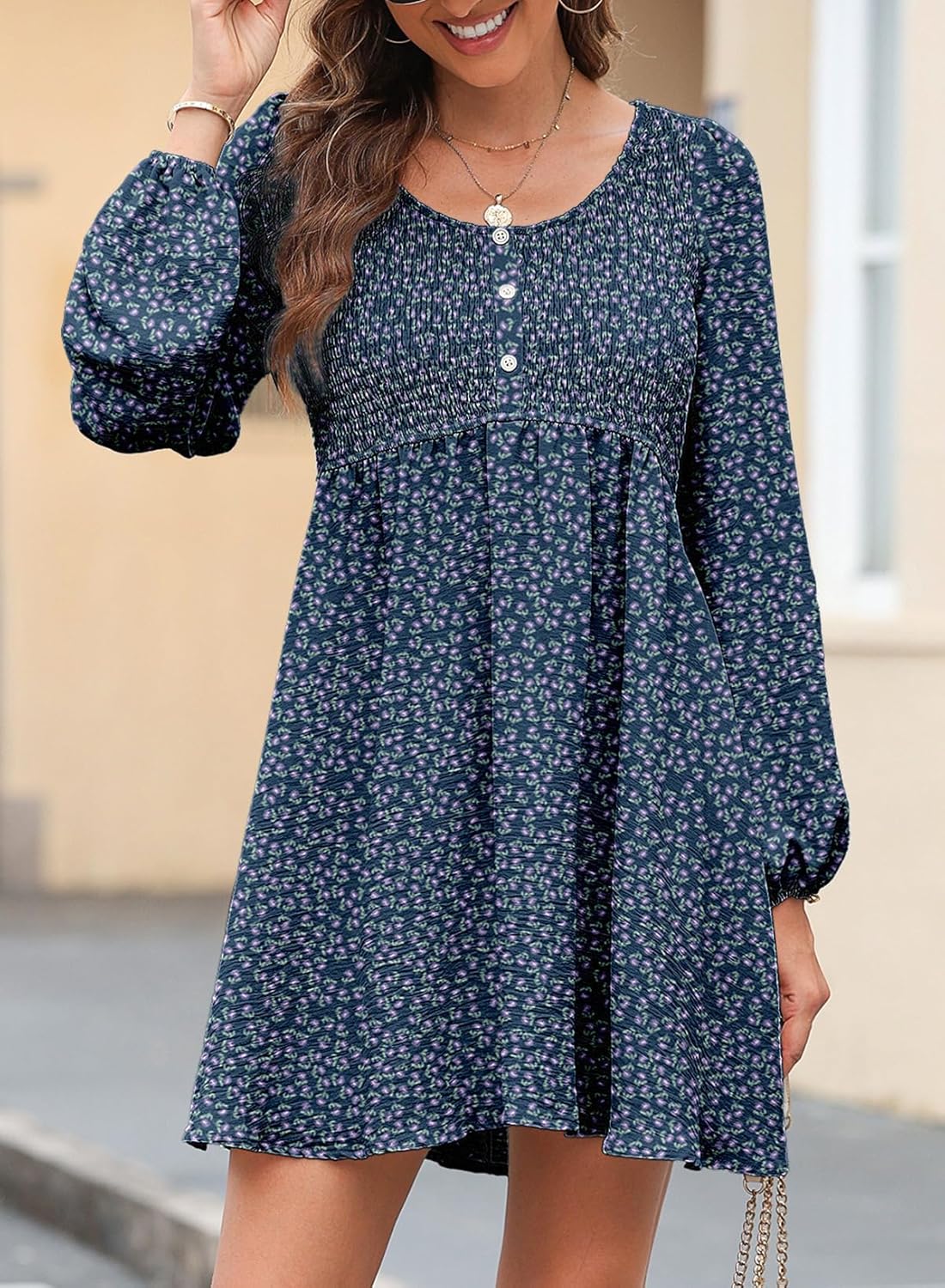 Dokotoo Womens 2026 Casual Dresses Smocked Crewneck Button Up Long Sleeve Empire Waist A-Line Mini Dress - Image 4