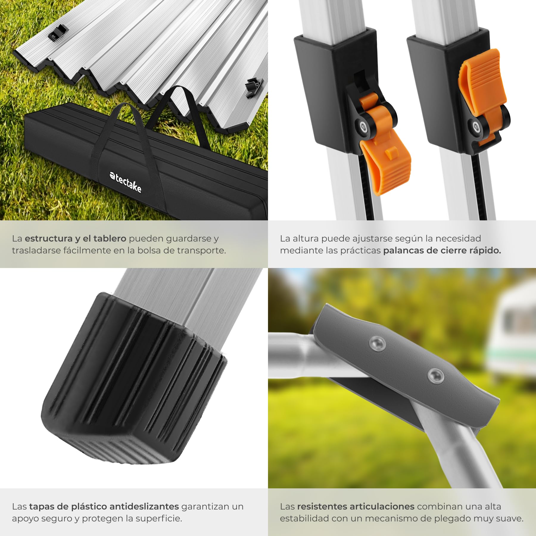 tectake® Mesa Camping Plegable con Altura Ajustable, Mesa Auxiliar de Aluminio con Topes, Mesa Exterior para Jardín, Terraza, Picnic, con Red de Almacenamiento y Bolsa de Transporte, 90x52x70 - Plata