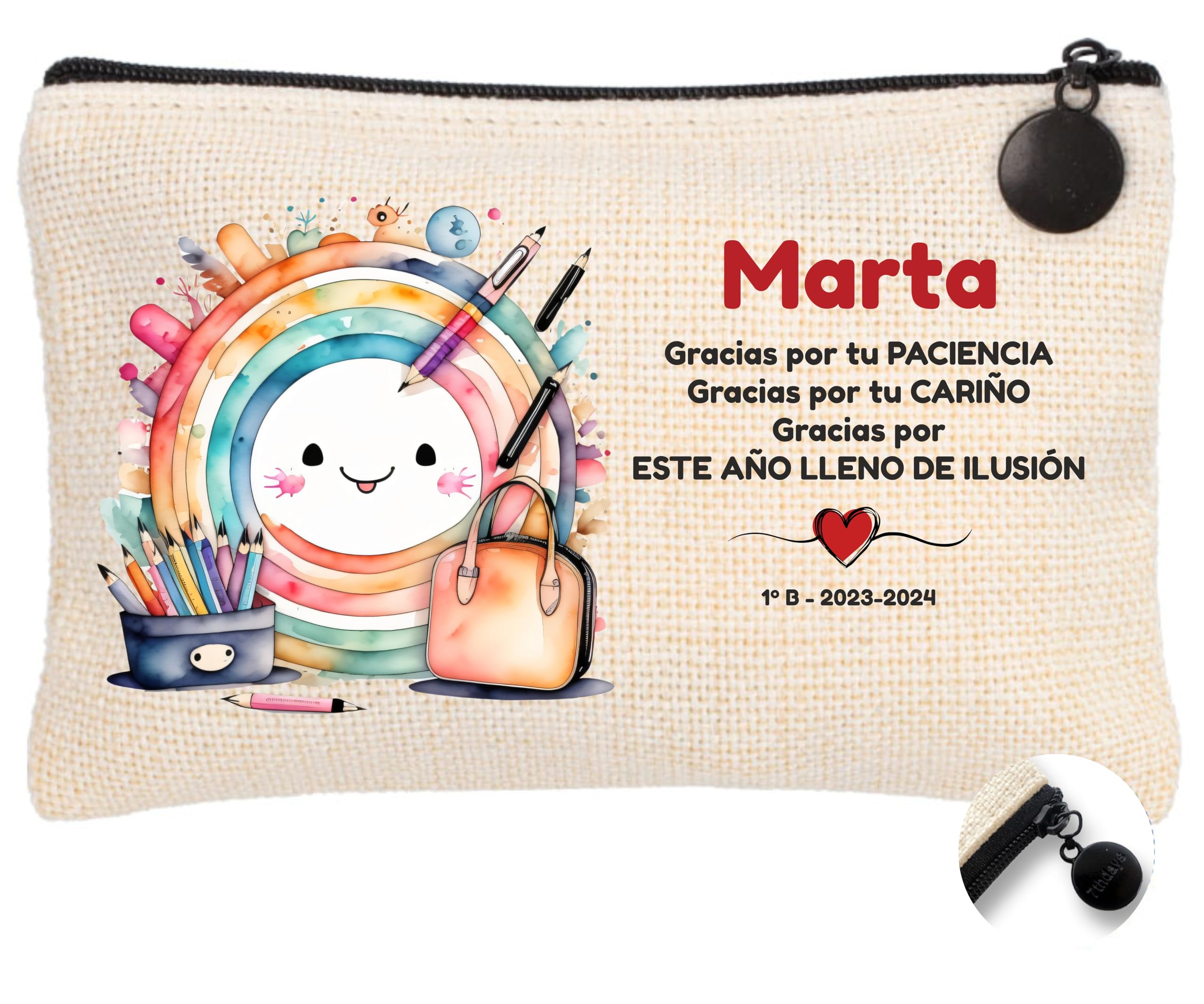 Worfull Regalos Worfull - Neceser Personalizado - Mujer Personalizado - Estuche Maquillaje. Neceser Viaje- Estuche lapices-Profesora Primaria-Tejido Lino. 23,5x15cm. c/Tirador - Varios diseños. (Arcoiris LAPICERO)