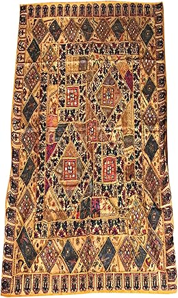 Mogul Vintage Sari Tapestry Embroidered Patchwork Brown Wall Hanging Thanksgiving