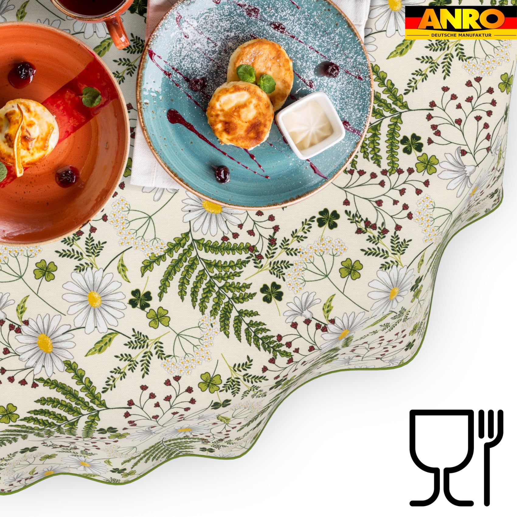 ANRO Tischdecke abwaschbar Kamille Blätter mit Saum oval 220x140 cm