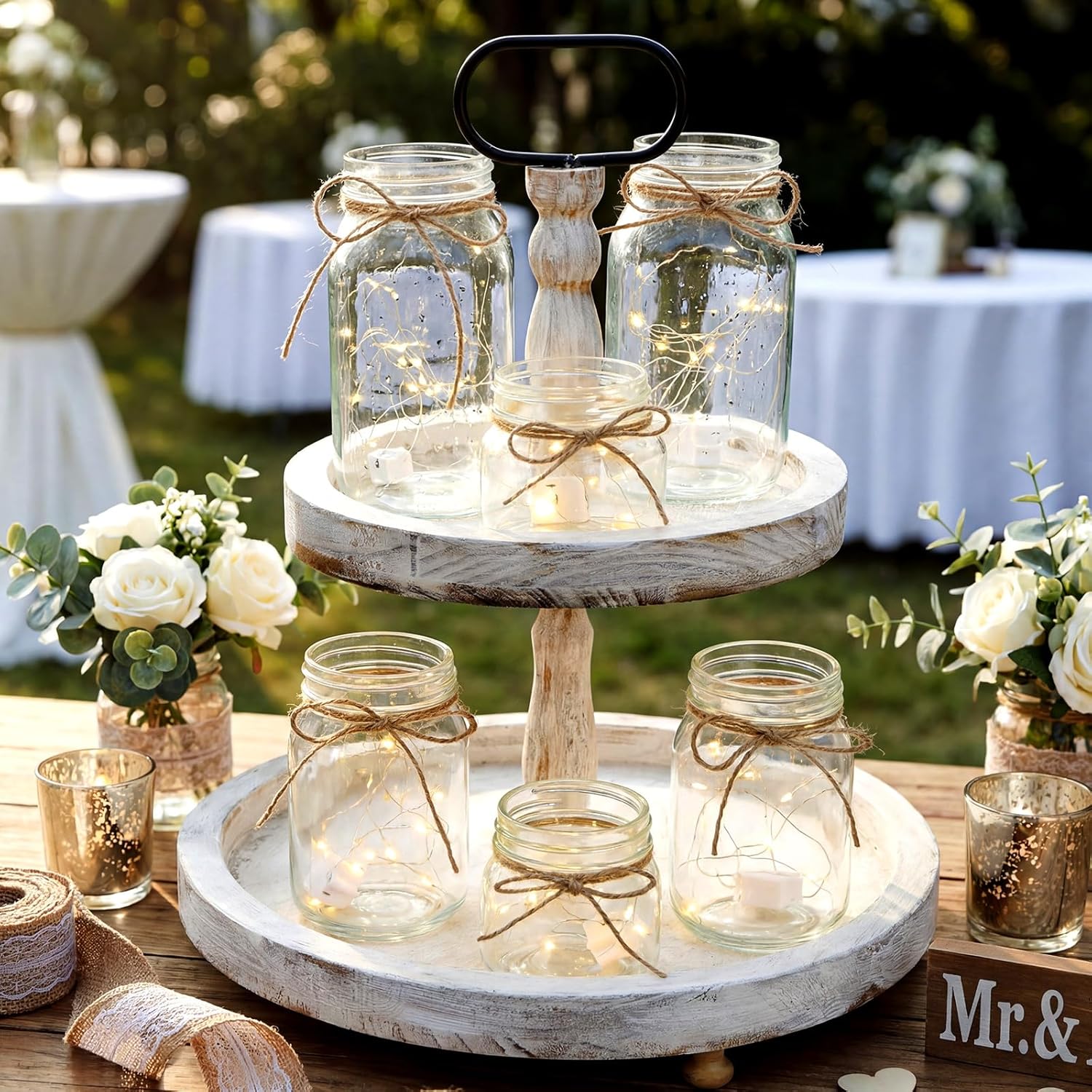 6 pcs Glass Mason Jar with LED Light for Table Centerpiece Decorations Set Clear Rustic Farmhouse Coffee Table Decor with LED Lights for Wedding Dining Room Kitchen Decor