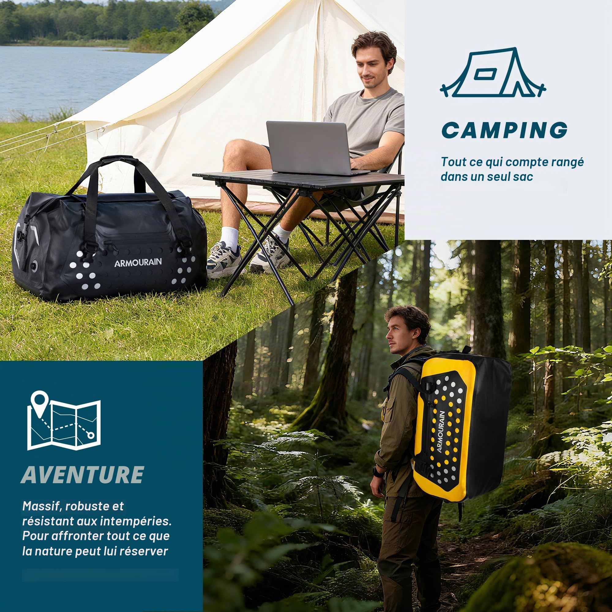 Sac Sec Moto 75L Grand Sac Polochon étanche Sec de Siège de Coffre Pliable pour Voyage, Canotage, Moto, Kayak (Noir)