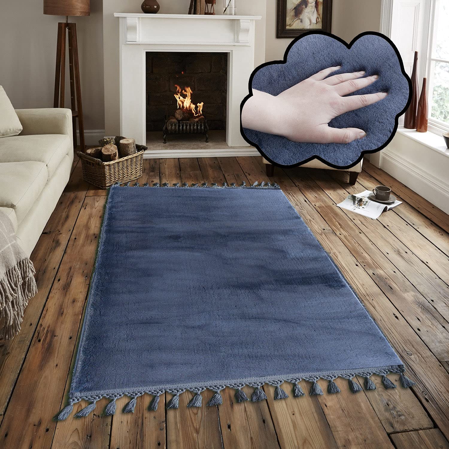 Tapis en fausse fourrure de lapin bleu foncé 80x200 cm Puffy
