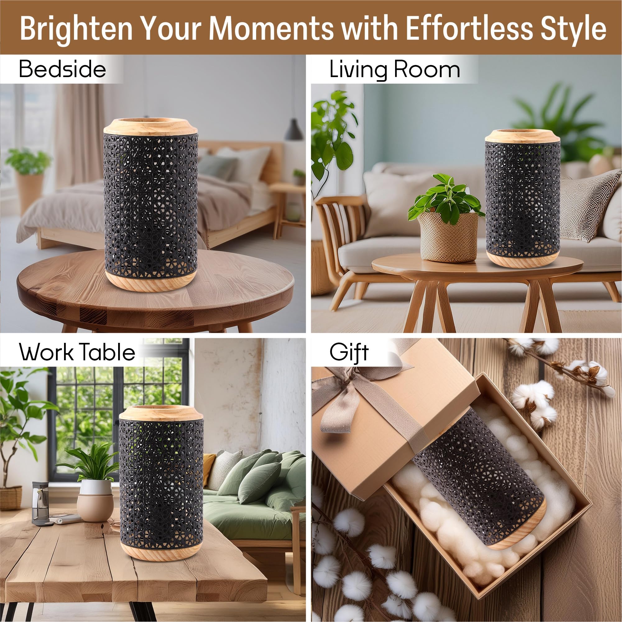 Kuber Industries Aesthetic & Modern Bedroom Lamp for Side Table | Office & Desk Table Lamp for Living Room and Home Decor with Iron Frame & Wooden Base | House Warming Gifts | Black-23T47 4