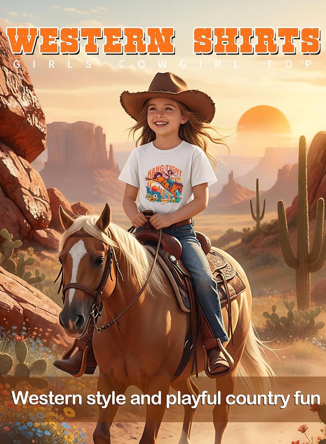 Girls Western Cowgirl T-Shirts - Cute Horse Shirts Kids Country Short Sleeve Tops Hang Tight Honey Rodeo Cowboy Tee