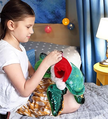 Miniatura 7 de DolliBu Juguete de peluche de tortuga marina de Papá Noel, disfraz de tortuga de peluche con lentejuelas espaciales, sombrero rojo de Papá Noel, con